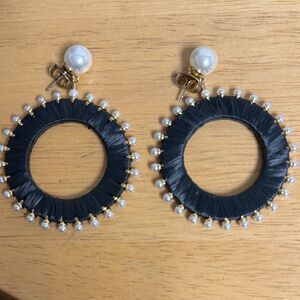 kate spade Black Raffia Hoop Earrings with Pearl Studs